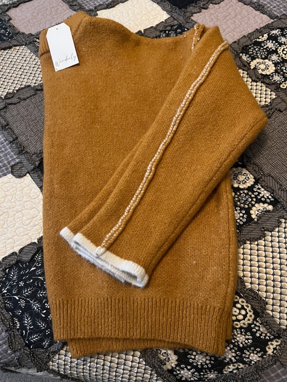 Wonderly Two Tone Camel Cowl Neck Sweater with Contrast Seams and raw edge